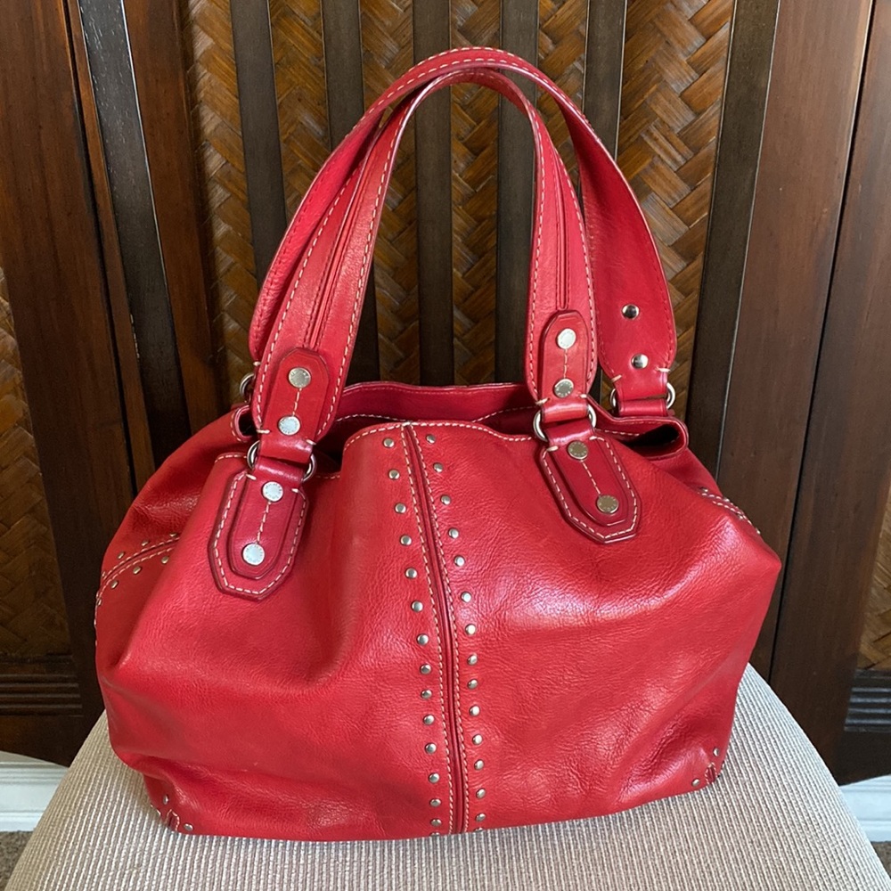 MICHAEL KORS - Red Pebble Leather Studded Handbag - Picture 6 of 10